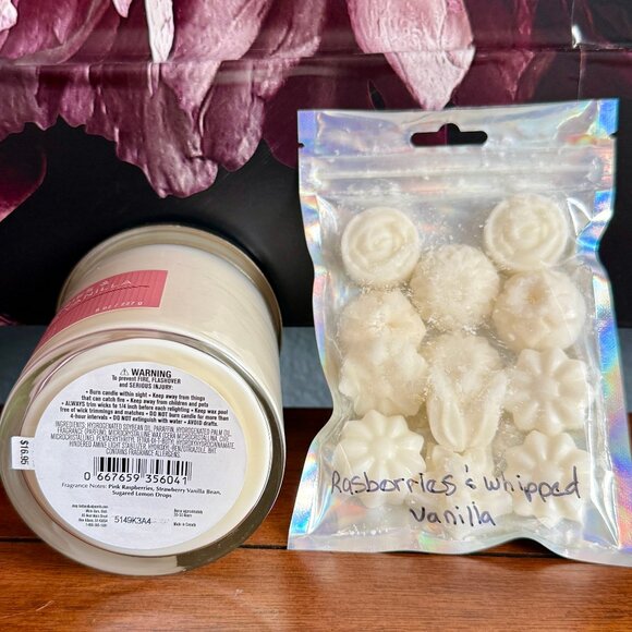 NEW 2-Pc Single Wick Candle & Candle Wax Melts RASPBERRIES & WHIPPED VANILLA - Picture 2 of 2